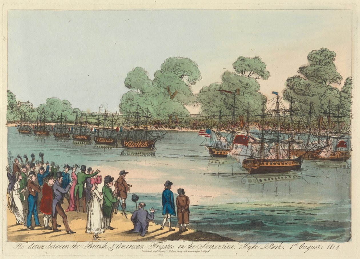 The Action between the British & American Frigates on the Serpentine, Hyde Park 1st August 1814 by Unknown artist