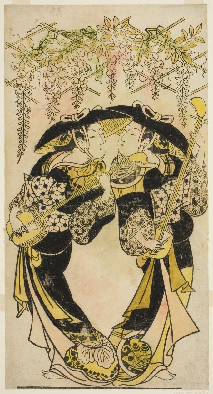 The Actors Sanjo Kantaro and Fujimura Handayu as Musicians Playing Under Wisteria by Unknown artist