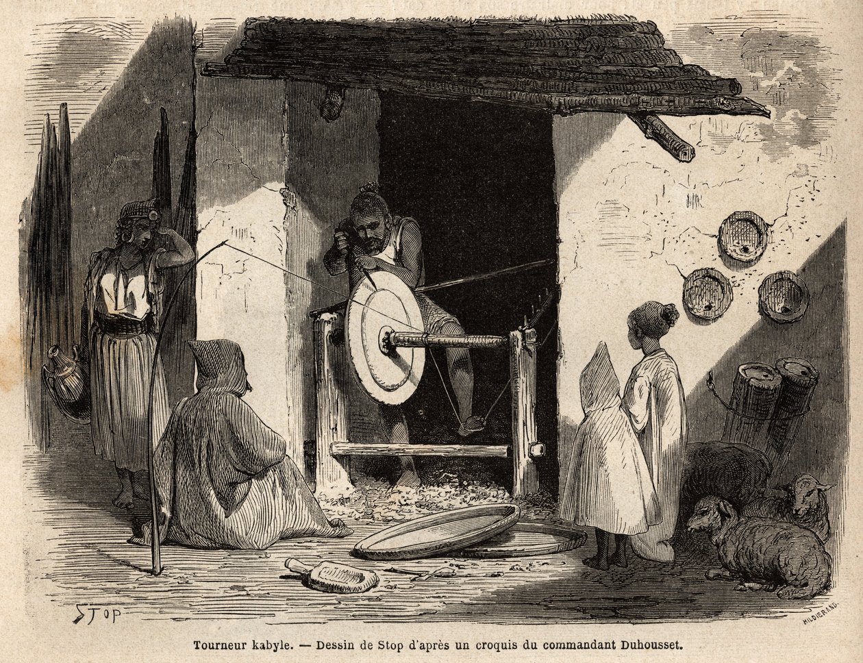 The Artisan Turner Kabyle in his workshop makes a huge wooden flat that is used for all purposes, domestic and agricultural, in Kabylia (Algeria). Engraving to illustrate the excursion to the great Kabylie, between the Mediterranean and the Djurjura, in 18 by Unknown artist