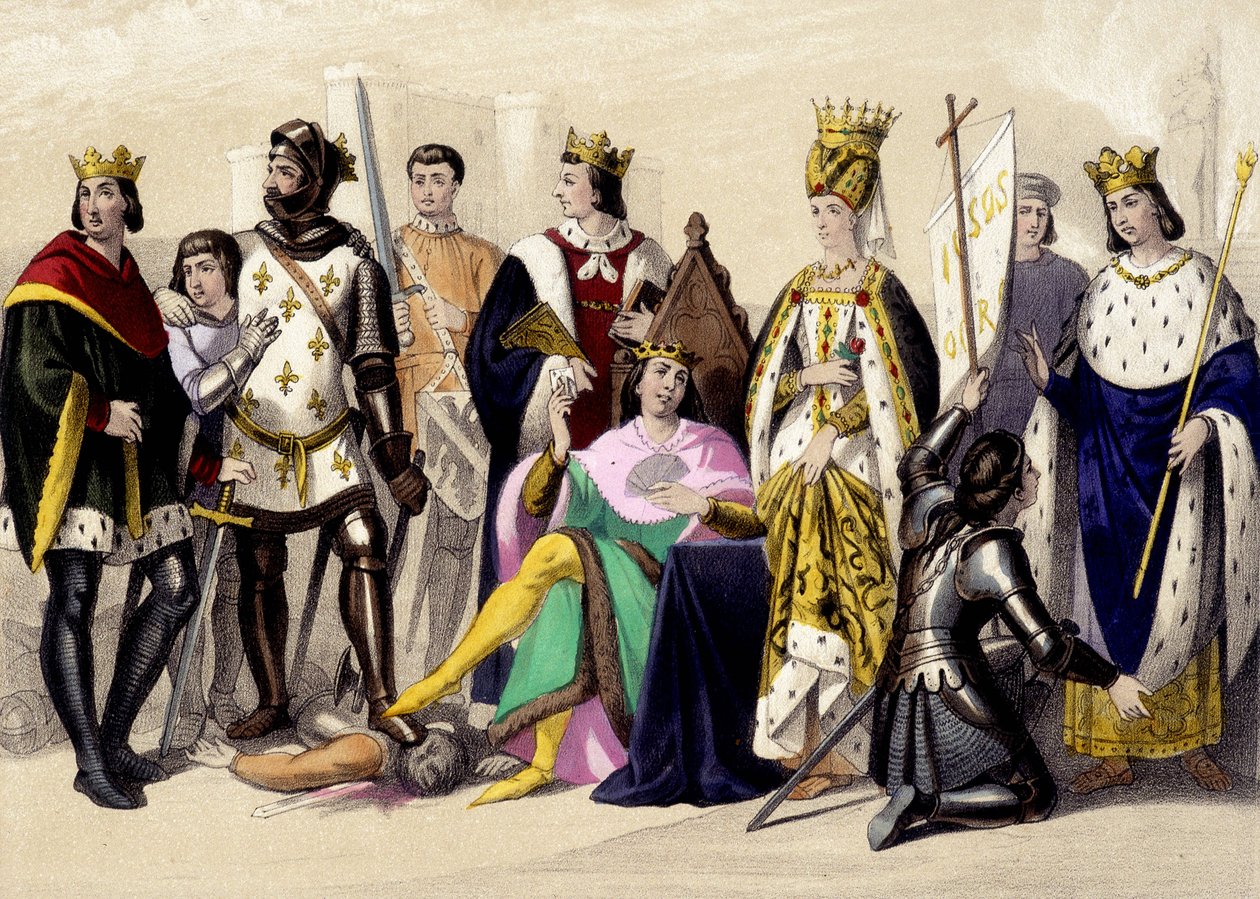 The Capetians of the Valois from 1328 to 1422. Philip VI, John II, Charles VI, Isabeau (Isabella, Elizabeth) of Bavaria, Joan of Arc, Charles VII. Engraving of the 19th Century by Unknown artist