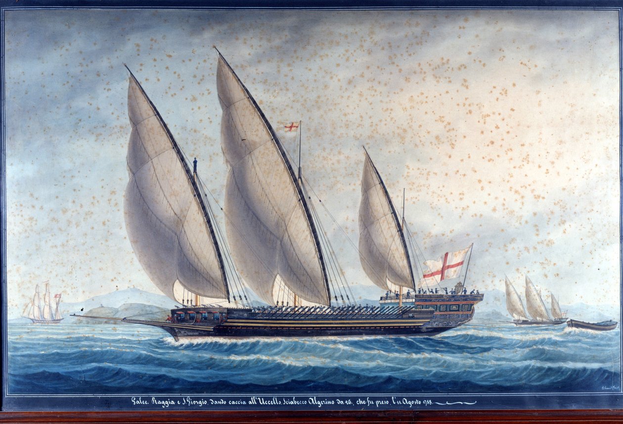 The Genoa galleys Raggia and San Giorgio pursue the Algerian chebec Uccello. 11 August 1788 by Unknown artist
