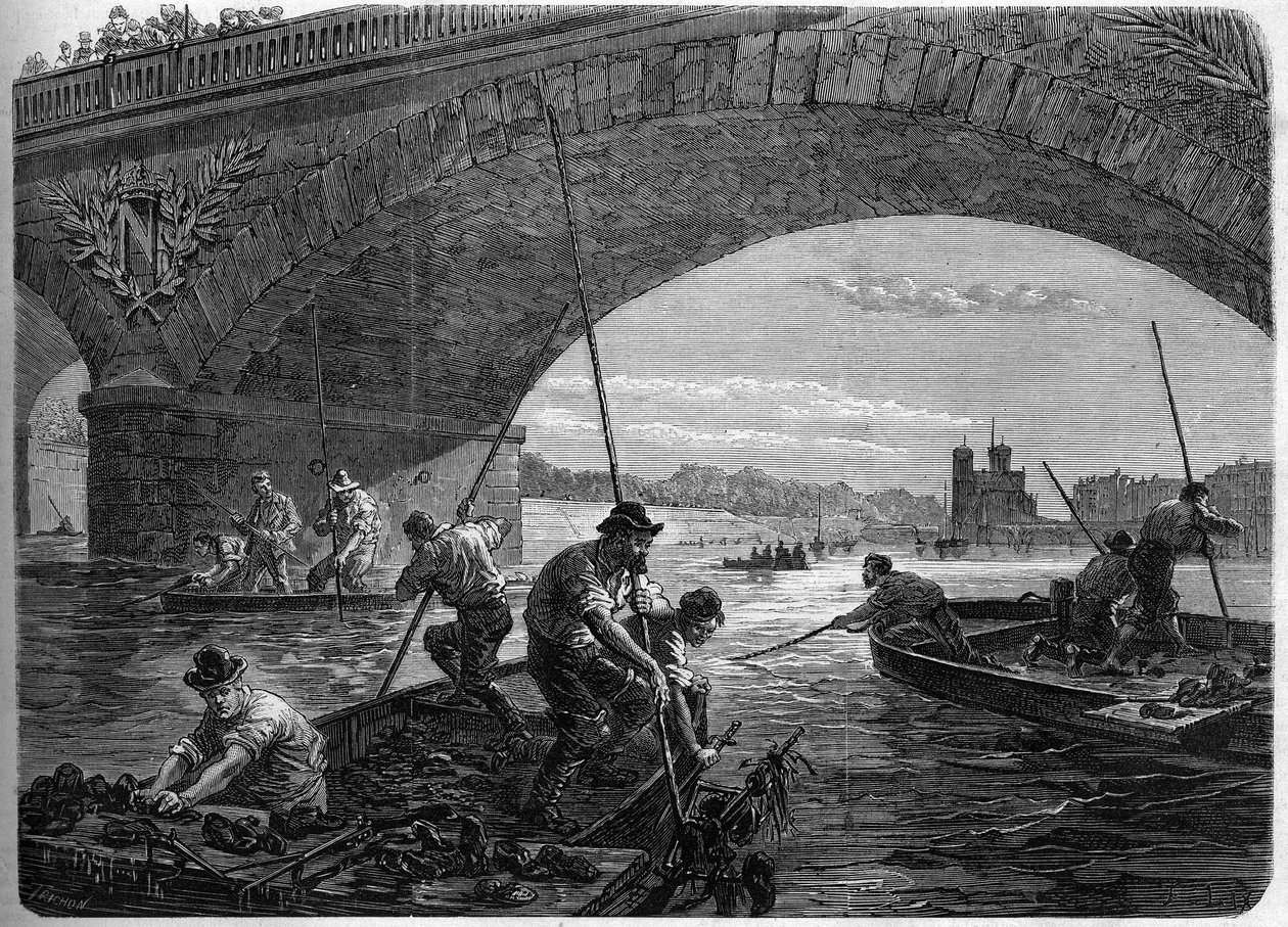 The Paris Commune in 1871. Fishing for weapons thrown into the Seine under the Austerlitz bridge by the Federes (communards) at the time of the final debate of the commune. by Unknown artist