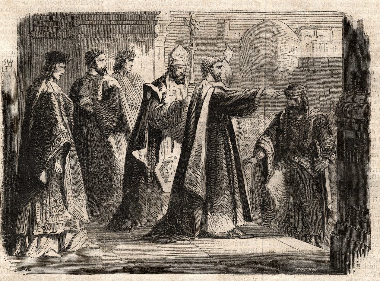 The archbishop Saint Ambrose of Milan prohibited the entrance of the church to Roman emperor Theodosius I to punish him for the massacre of Thessalonica in 390 by Unknown artist