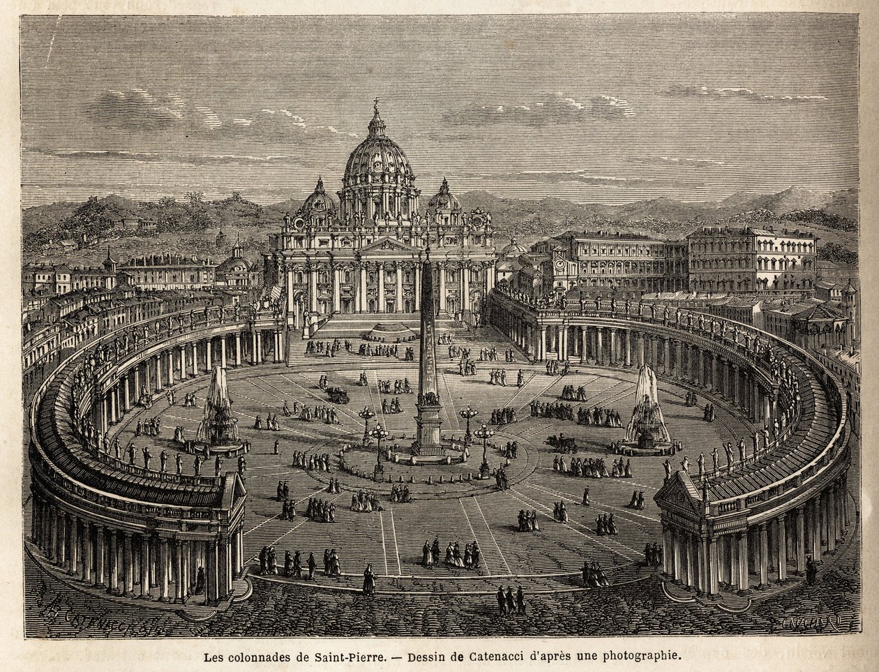 The Colonnades of St. Peter in the Vatican, Brought by Bernini (1598-1680) in 1655. Engraving to Illustrate the Voyage to Rome, by Francis Wey, in 1864-1868, Published in Le Tour du Monde, Nouveau Journal des Voyages by Unknown artist