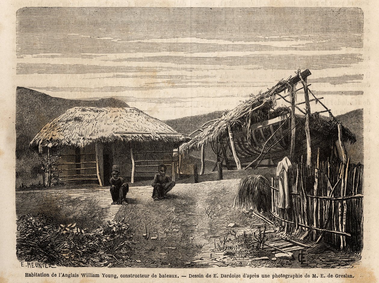 The dwelling and shipyard of an English builder near Noumea, who uses indigenous labour or condemns them until the end of their time of hard work. Engraving to illustrate the voyage to New Caledonia, by Jules Garnier, civil engineer of mines, in 18 by Unknown artist