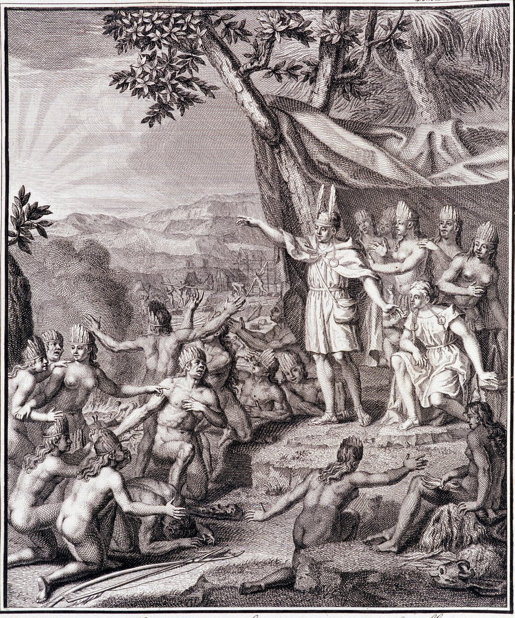 The first Inca Manco Capac and Queen Coya Mama Oello Huaco his wife both children of the Sun gather the savages - in Historical Journey of South America done by order of the King of Spain by Don Georges Juan & Don Antoine de Ulloa, T.II, ed. Jombert by Unknown artist