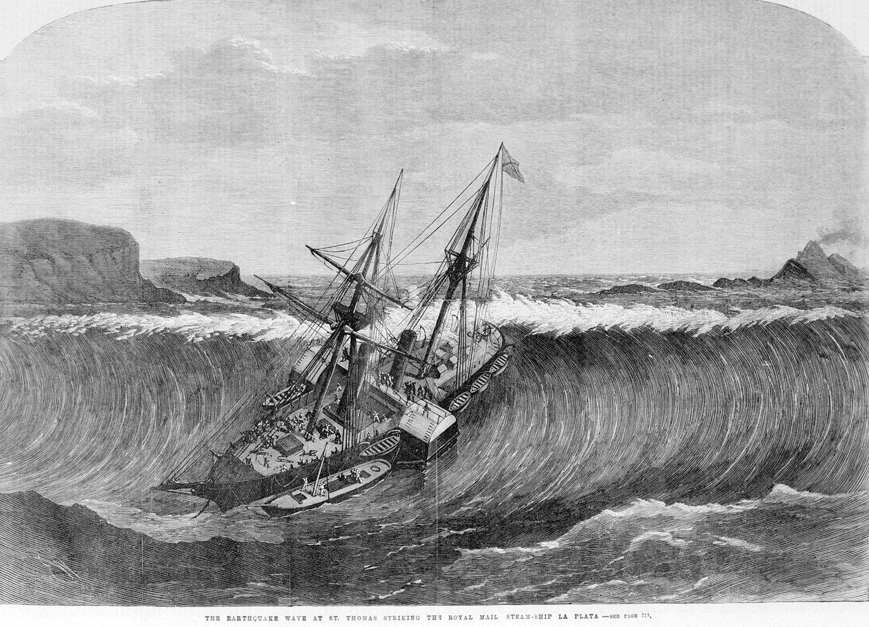 The giant wave of the December 1867 tsunami in Saint Thomas, Virgin Islands falls on the wheeled boat La Plata. Engraving of the 19th century. by Unknown artist