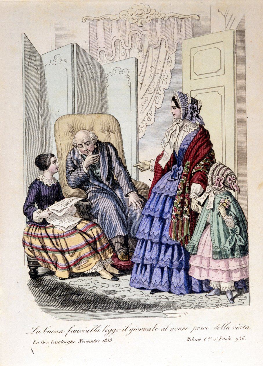 The girl reads the paper to her grandfather who has lost sight by Unknown artist