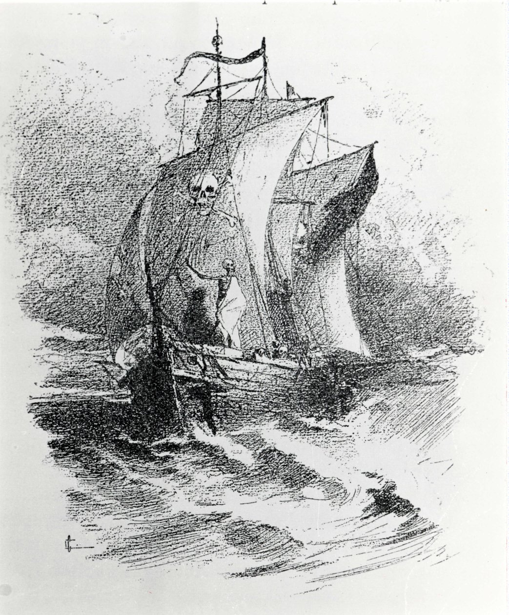 The legend of the Ghost Ship or the Flying Dutchman: a Dutch commander wanting to try the fate would have been condemned to wander on his ship forever bringing misfortune to the ships crossing his way. Engraving of the 19th century by Unknown artist