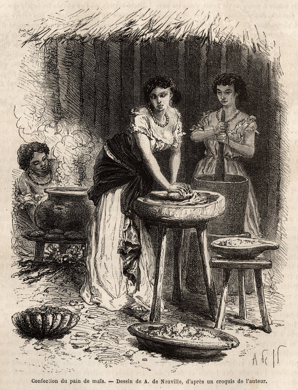 The manufacture of corn bread, the basis of food, by women of the Great Cauca Valley (Colombia). Engraving to illustrate the voyage to New Granada, by Dr. Saffray, in 1869, published in “Le tour du monde” 1873, edited by Edouard Charton by Unknown artist
