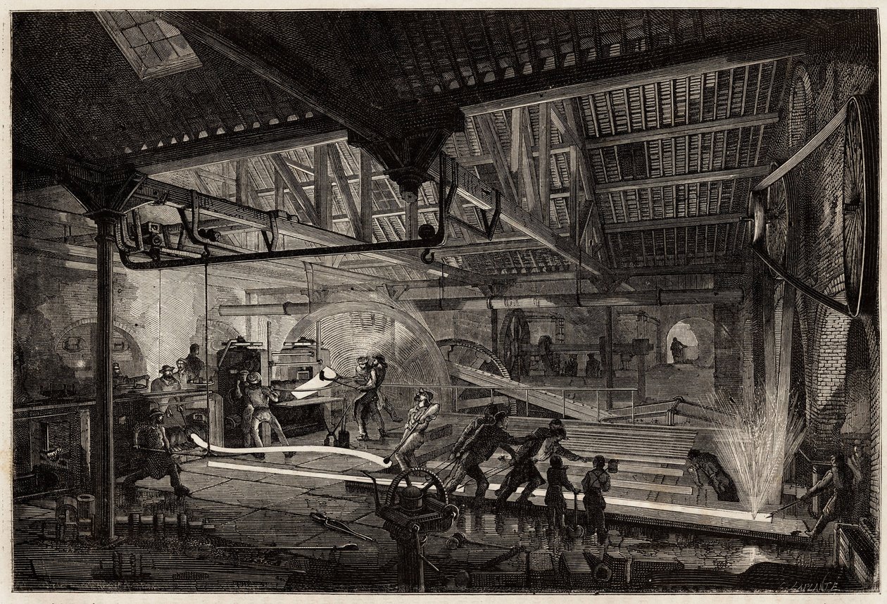 The manufacture of the rails in the old forges of Le Creusot, the steel strips, white of heat, extend in rails between the rolling mills. Engraving to illustrate a voyage to the Creusot and the mines of Saone and Loire, in 1865, by L. Simonin, in 
