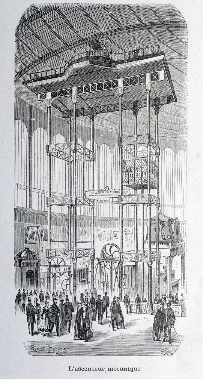 The mechanical lift of the engineer Edoux at the world exhibition of 1867 (engraving) by Unknown artist