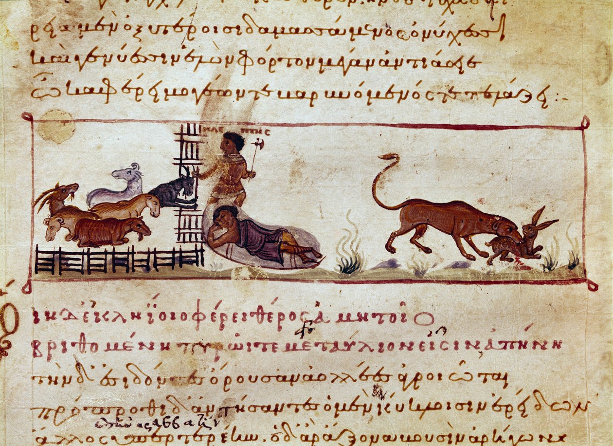 The sheep breeding, on the right a hare is devoured by a beast by Unknown artist