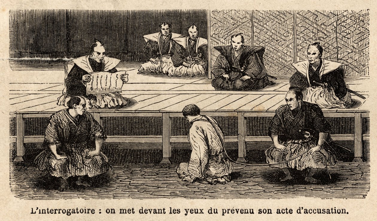 The Stages of Justice: Interrogation, Reading the Indictment to the Accused. Engraving to Illustrate the Voyage to Japan, in 1863-1864, by Aime Humbert, Minister of the Swiss Confederation by Unknown artist