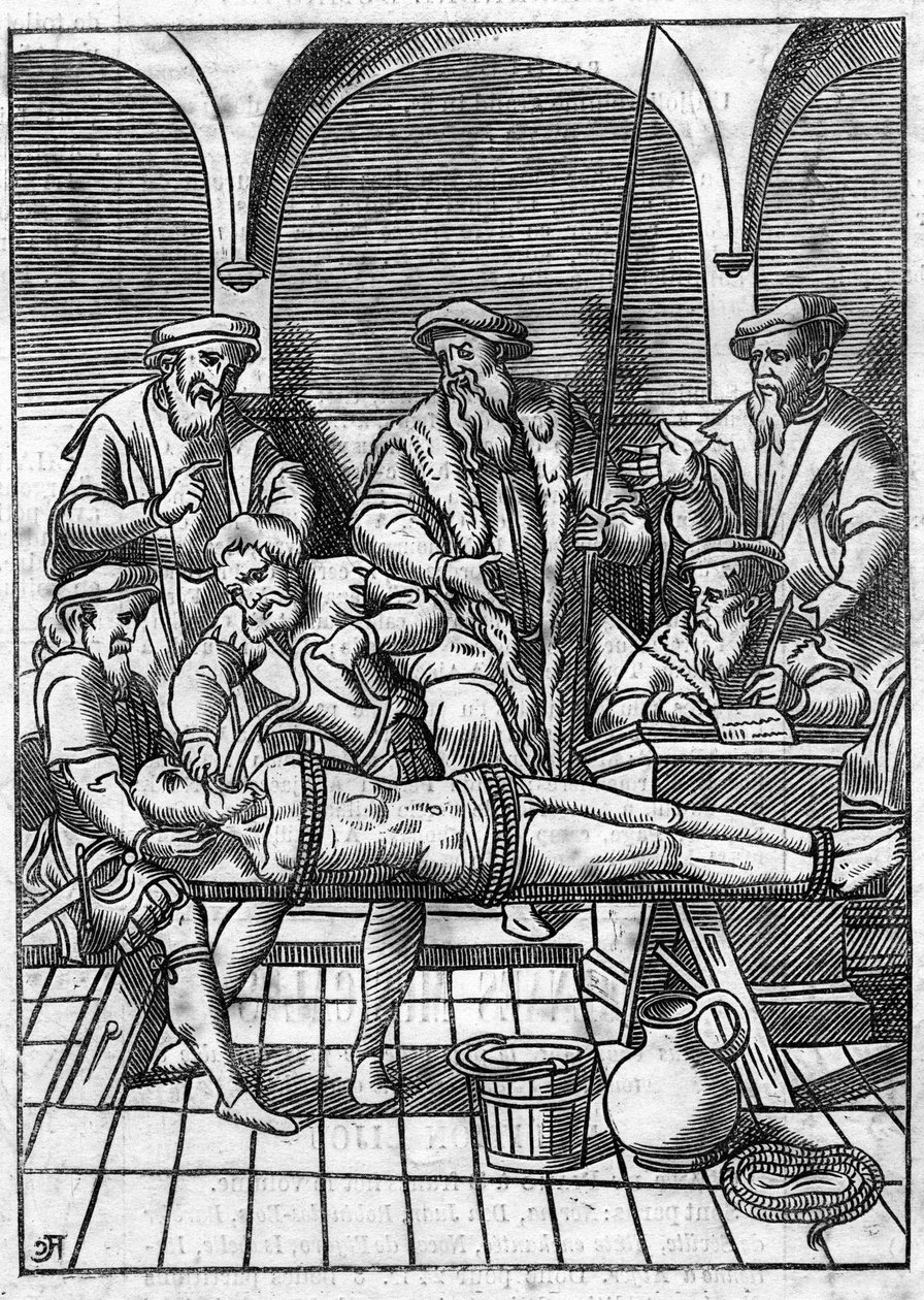 Torture in the Middle Ages: the question of water. Tied by strings, water is poured on a cloth that is pushed to the bottom of his throat. Engraving of the 18th century after an engraving of the Middle Ages by Unknown artist