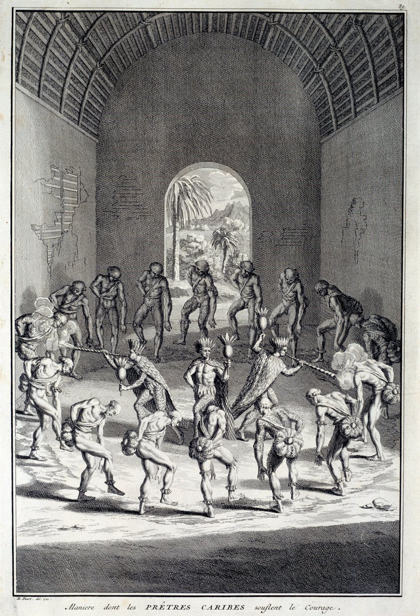 Traditional dance: Rites in the Karibs dance of courage, West Indies (Central America). Engraving of the 18th century by Unknown artist