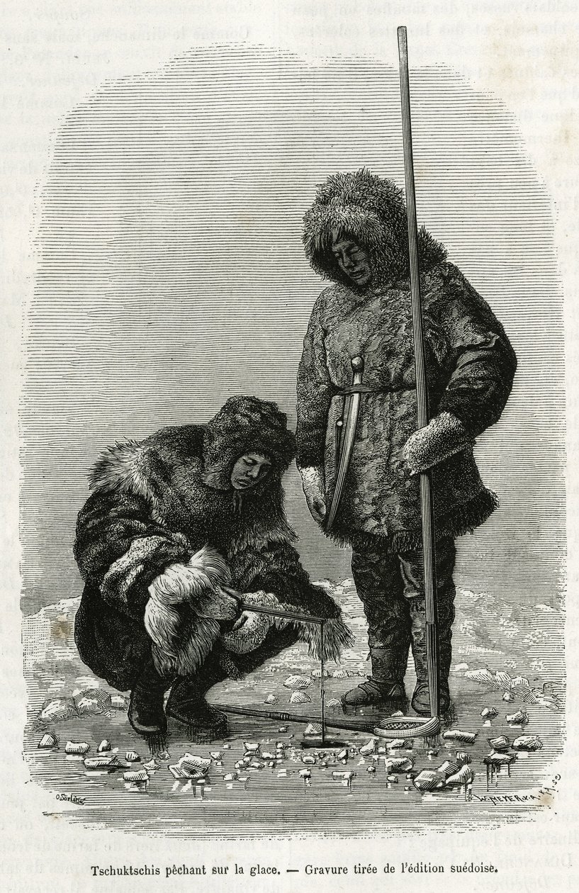 Tschuktschis fishing on ice in Koljutschin Bay (polar circle). Engraving from the Swedish edition, to illustrate the story 