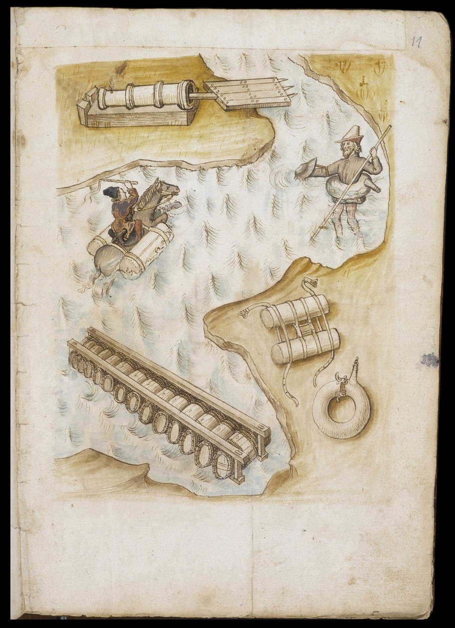 Various systems of buoys and rafts for evolution on water - Manuscript: parchment sheet of an engineer