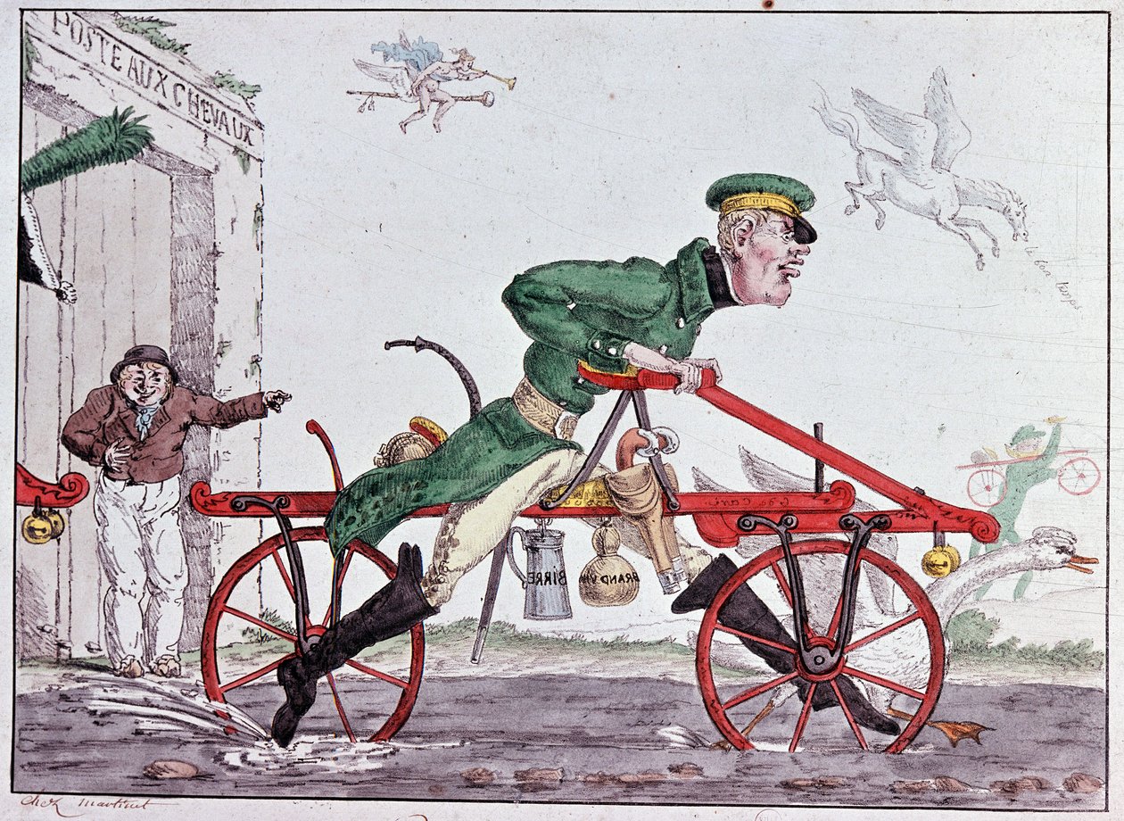 Velocipedes draisiennes - caricature on Baron Drais by Unknown artist