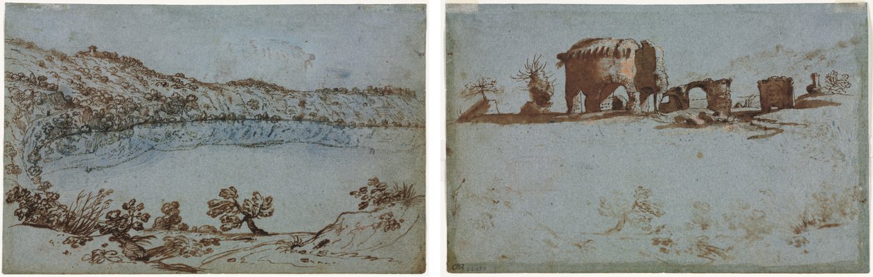 View of Lake Nemi (recto) Small Group of Roman Ruins (verso) by Unknown artist