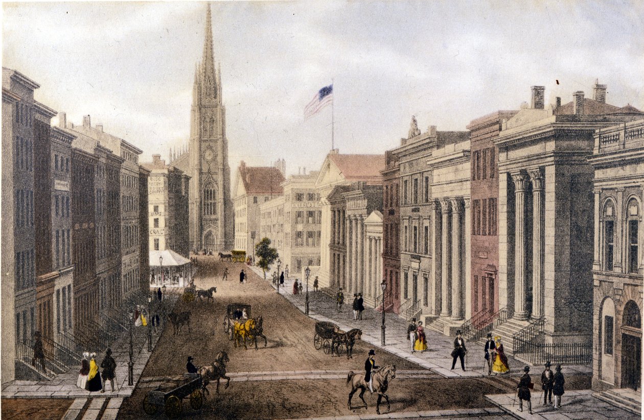 View of New York: Wall Street view of William Street. Lithograph around the middle of the 19th century. by Unknown artist