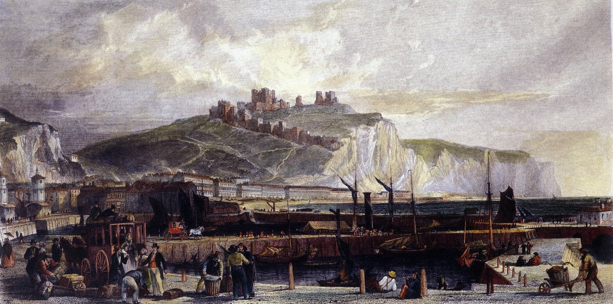 View of the city of Dover and its high white chalk cliffs in England. 1850 by Unknown artist
