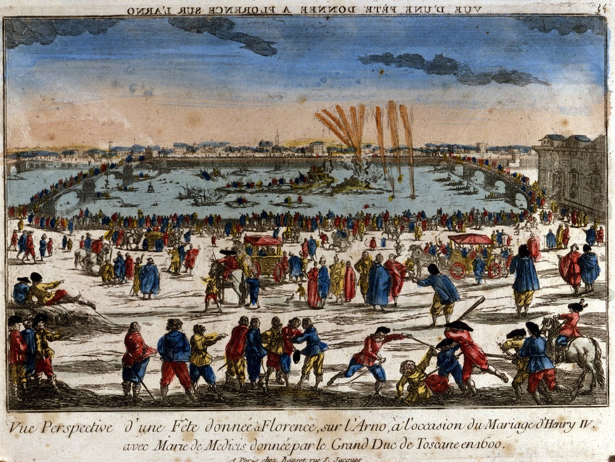 View of the feast given in Florence on the banks of the Arno River by the Grand Duke of Tuscany on the occasion of the wedding of Henry IV with Mary of Medici in 1600. Engraving. by Unknown artist