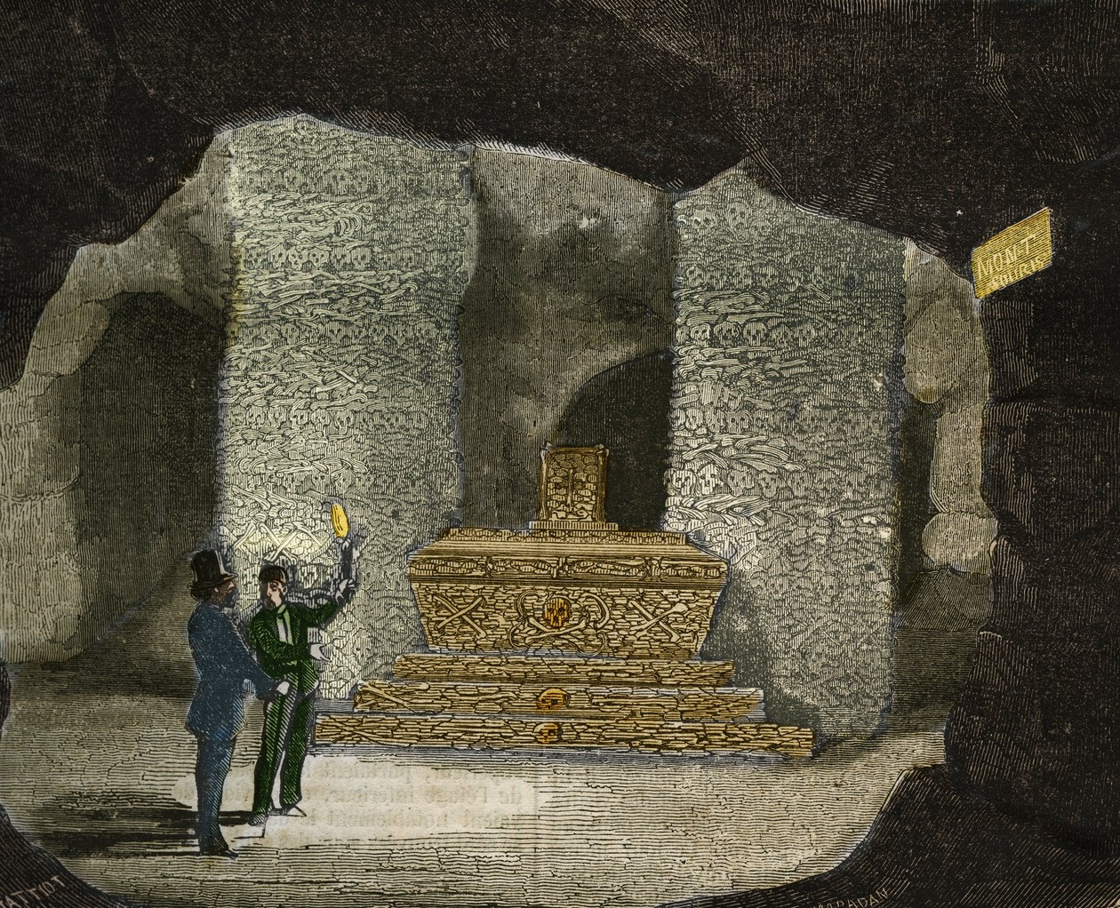 View of the Ossuary of the Catacombs of Montsouris in Paris. Engraving from 1856 in 