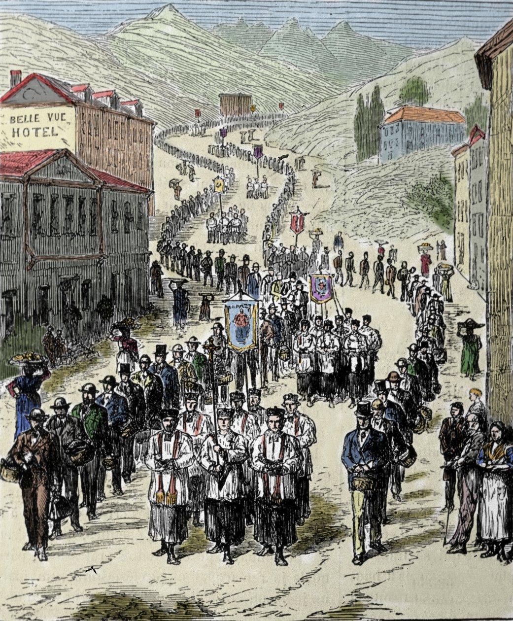 View of the procession from the station to the cave of Lourdes in the High Pyrenees where the Virgin appeared to Bernadette Soubirous in 1858, present place of pilgrimage. Engraving of the 19th century by Unknown artist