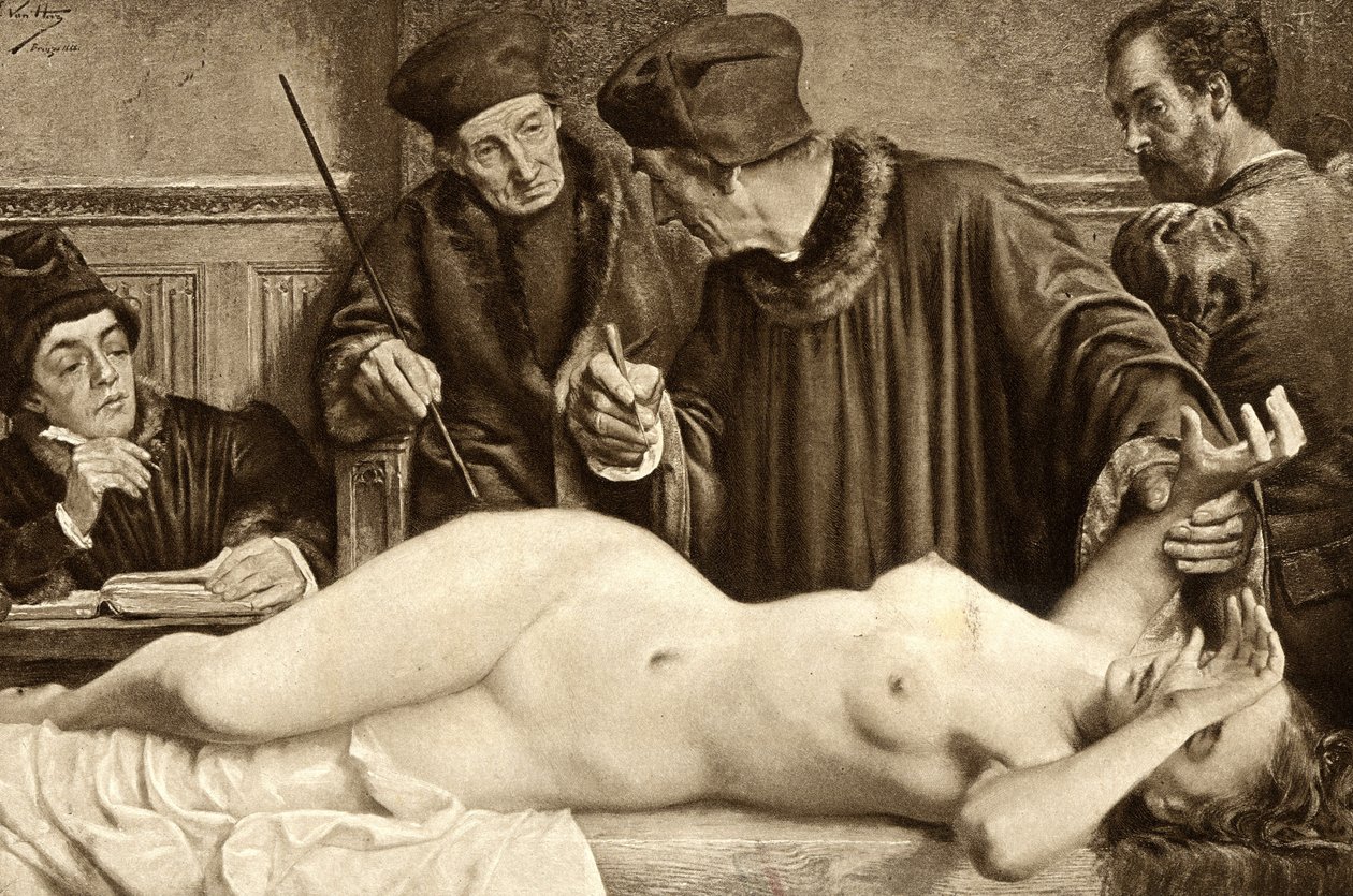 Scientists Looking for a Mole on the Body of a Witch, Illustration by E. Van Hoove, 1888 by Unknown artist