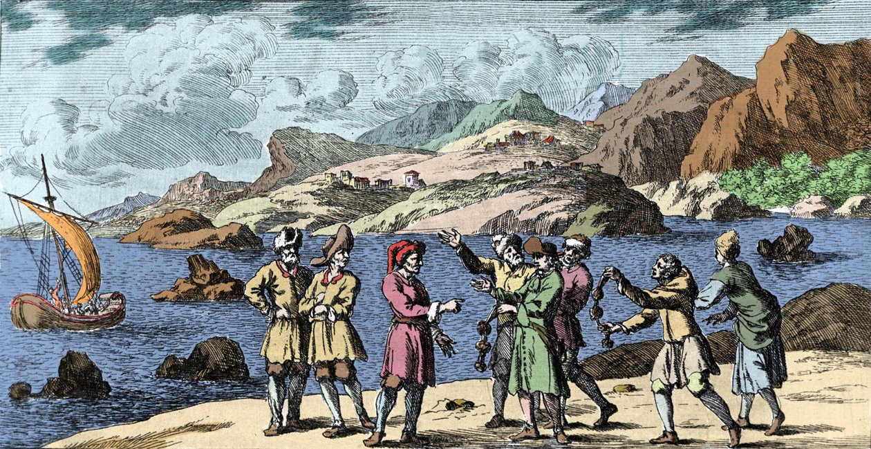 Witchcraft and beliefs: Finnish and Sami provoking a storm by the magic of three knots. Engraving from 