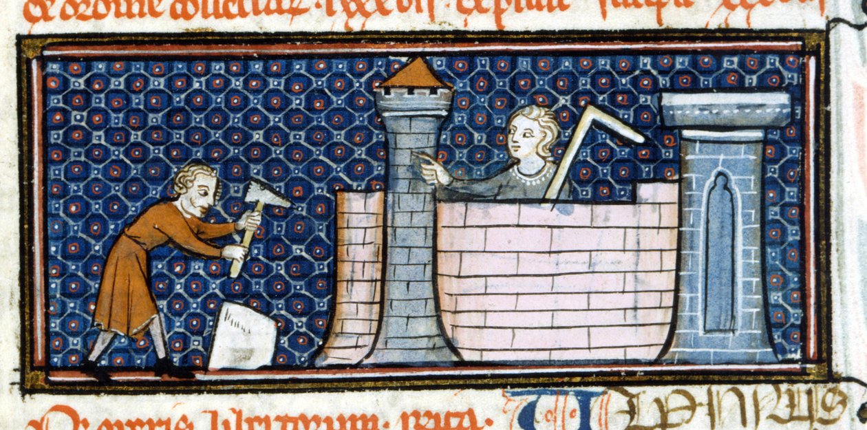 Workers Building a Fortified Monastery, Miniature from the Middle of the 13th Century. Biblioteca Trivulziana by Unknown artist