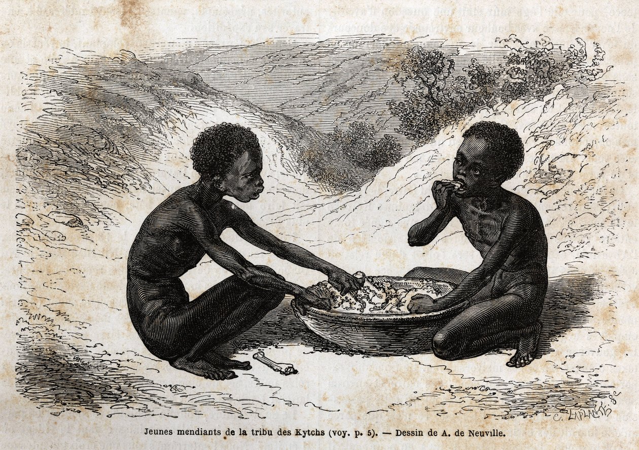 Young beggars of the Kychi tribe (located in the Upper Nile region) taking a meal exchange for a few bundles. Engraving to illustrate the voyage to Lake Albert by Unknown artist