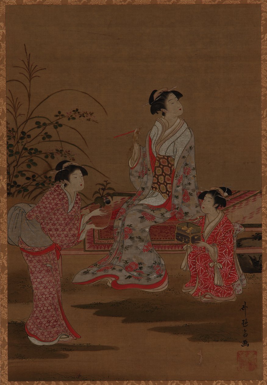 Young Woman with Two Girl Attendants Seated in a Garden by Unknown artist