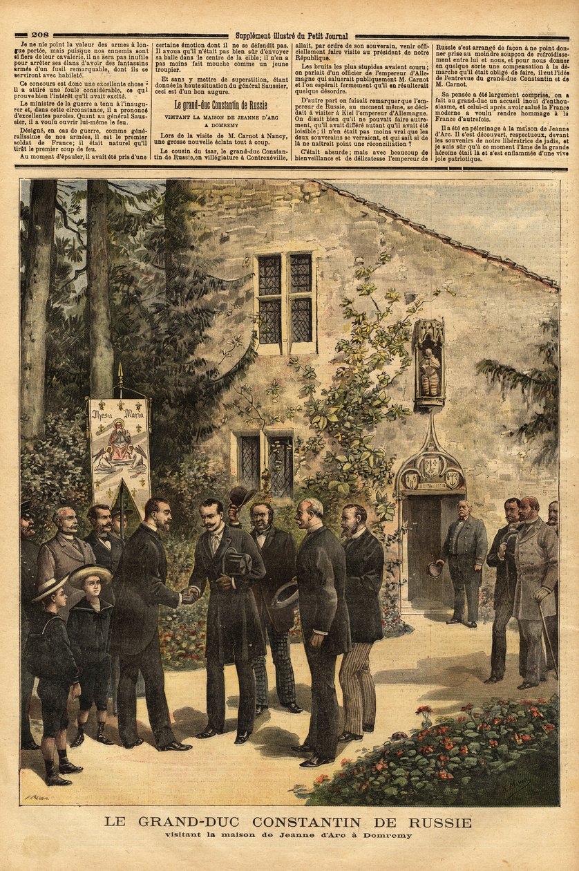 The visit of Constantine Nicolaevich Romanov (1827-1892) Grand Duke of Russia and cousin of Tsar Alexander III (1845-1894), to the house of Joan of Arc in Domremy. Engraving in “Le petit journal” 25/06/1892. Selva