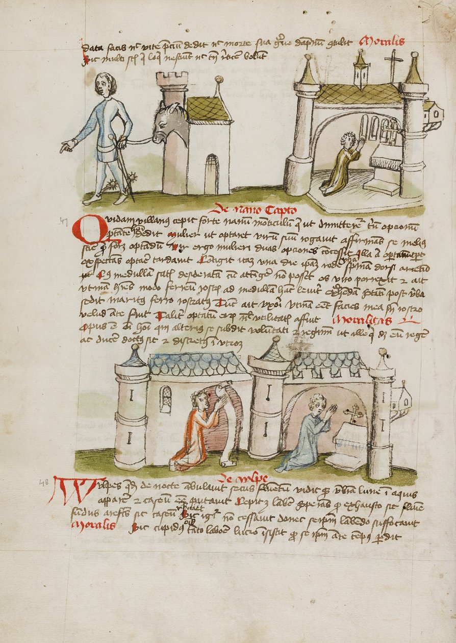 A Man with a Sword and Spurs Leading a Donkey from his House while a Man Prays in a Nearby Church; Two People Praying in a Church by Unknown artist/maker