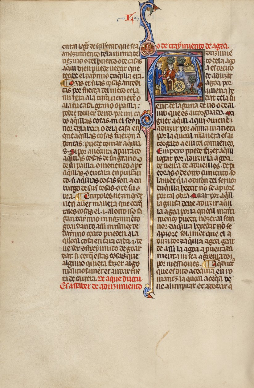 Initial A: A Judge and Two Men Pointing to an Aqueduct and a Millwheel by Unknown artist/maker