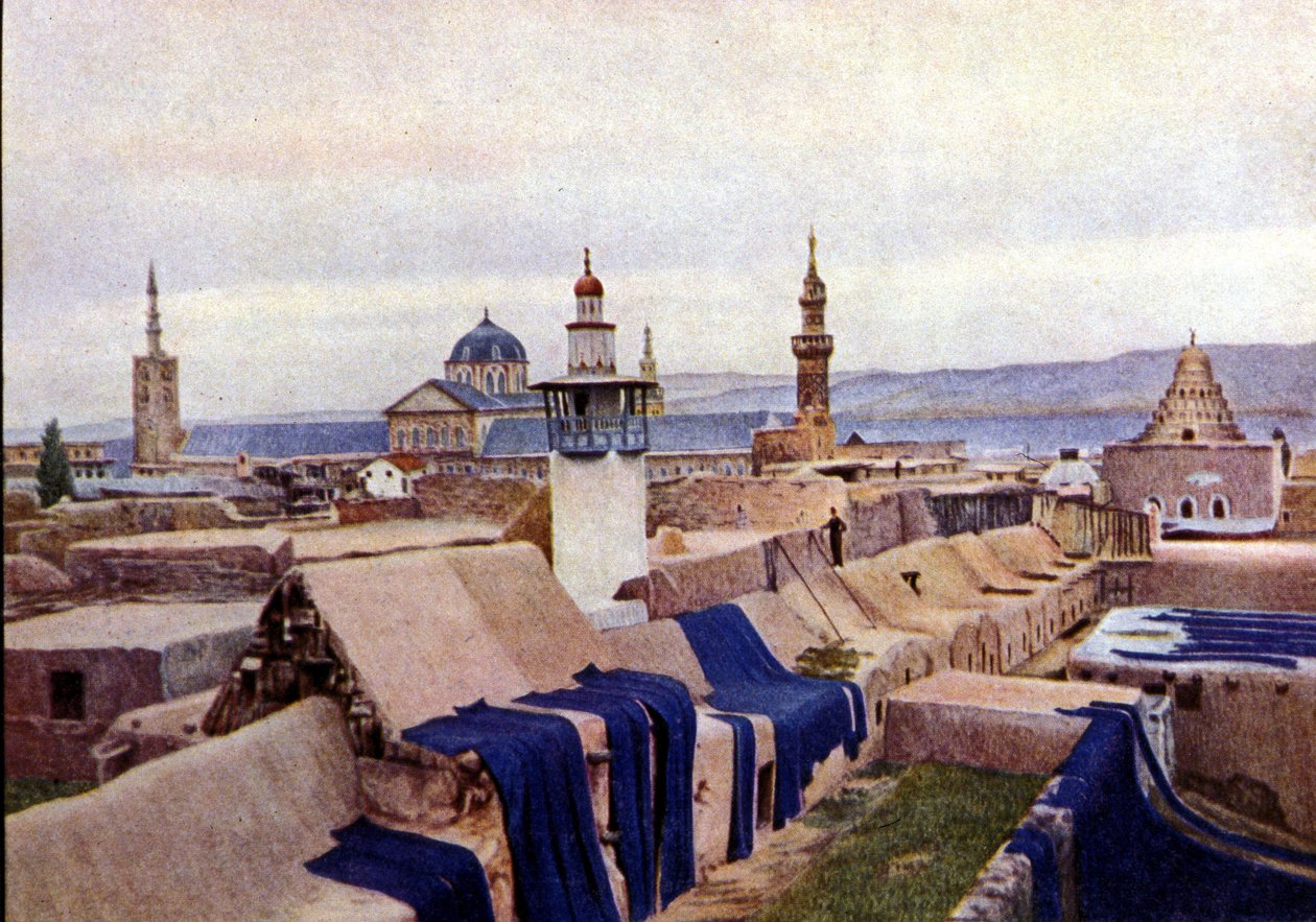 Blue cotton fabrics put to dry on the roofs of dyers in Damascus (Syria). by Unknown photographer