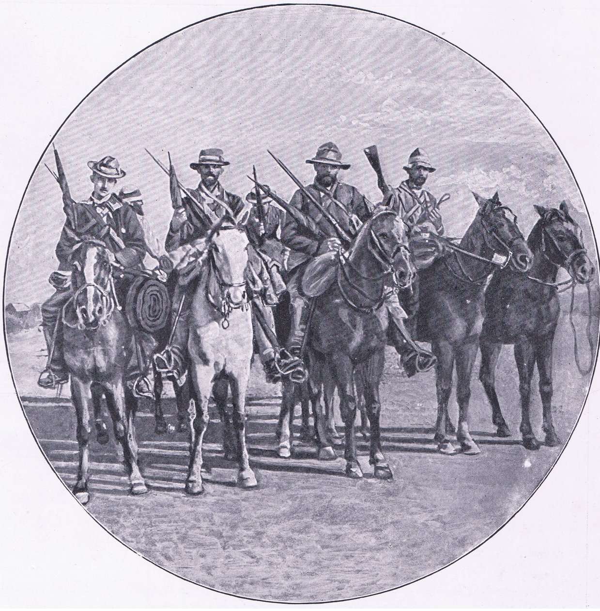 Boers armed with rifles and umbrellas, from After Pretoria: The Guerilla War published by Harmsworth Bros Limited by Unknown photographer