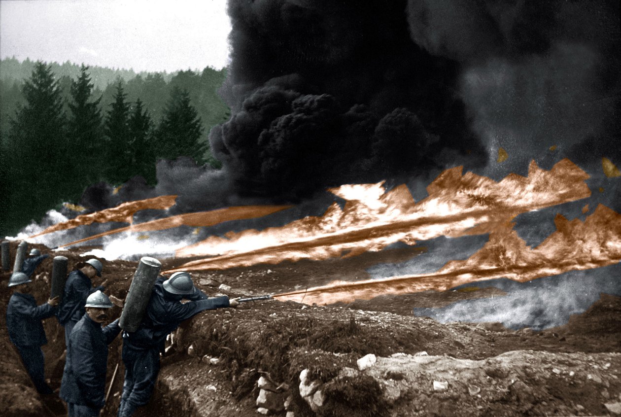 French Soldiers using Flame-Throwers from the Trenches, Chemin des Dames by Unknown photographer