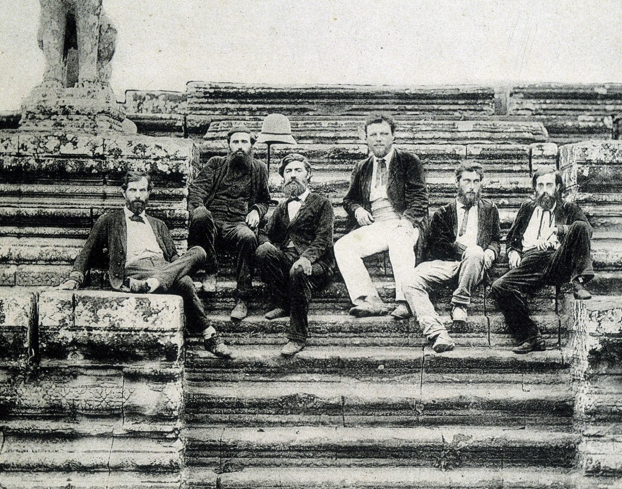 Group Portrait of Members of the Mekong Exploration Expedition 1866-1868 (Garnier, Doudart de Lagrée) on the Steps of Angkor Vat by Unknown photographer