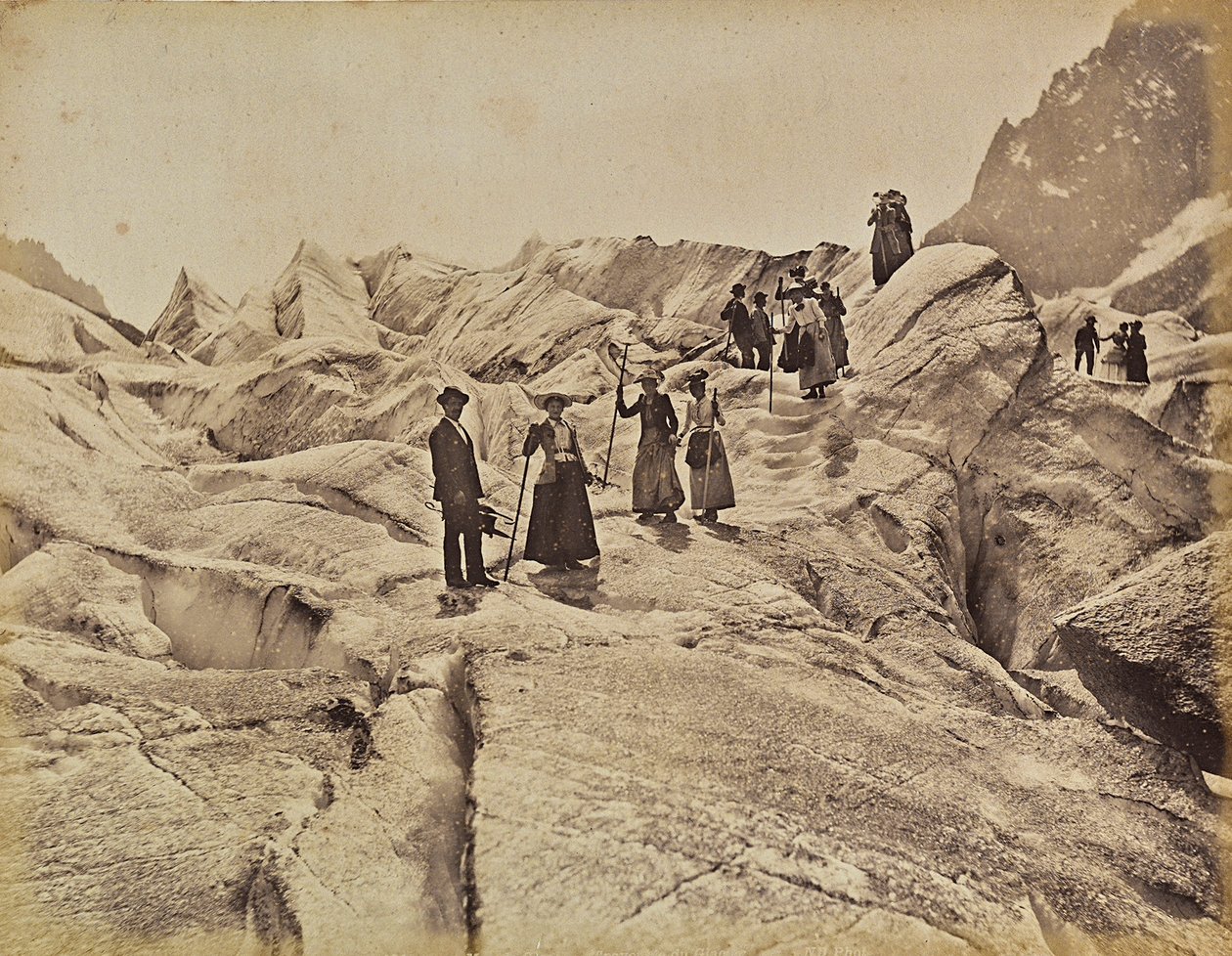 Hikers on the "Mer de Glace" ice on Mont Blanc, Chamonix, France by Unknown photographer