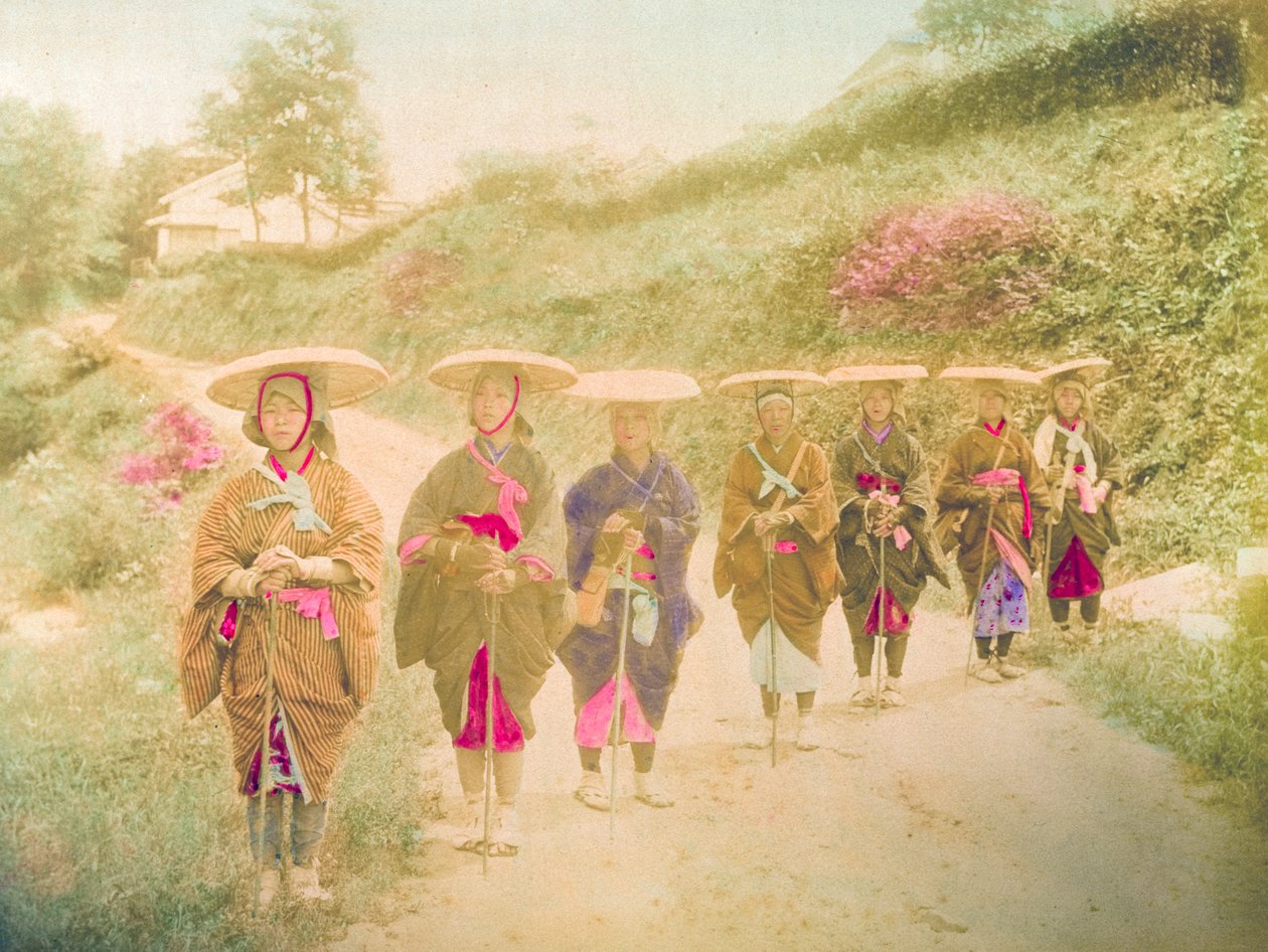 Japanese Women. Seven Japanese Women Stand in Line on a Rural Road. Japan, circa 1910. by Unknown photographer