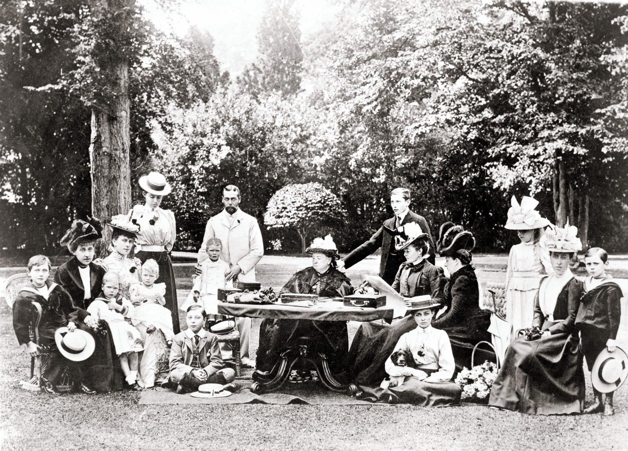 Members of the British Royal Family including King George V, King Edward VIII around Queen Victoria at a garden party by Unknown photographer
