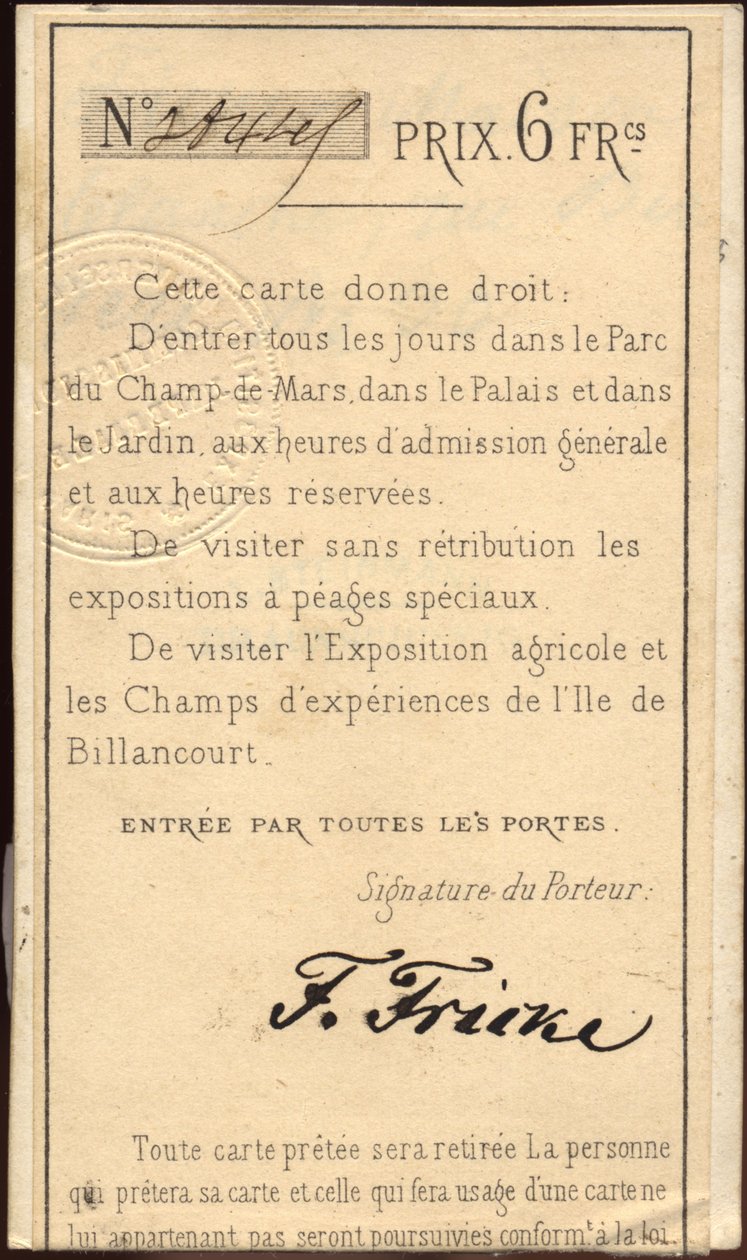 Personal Ticket for the Exposition Universelle of 1868 by Unknown photographer