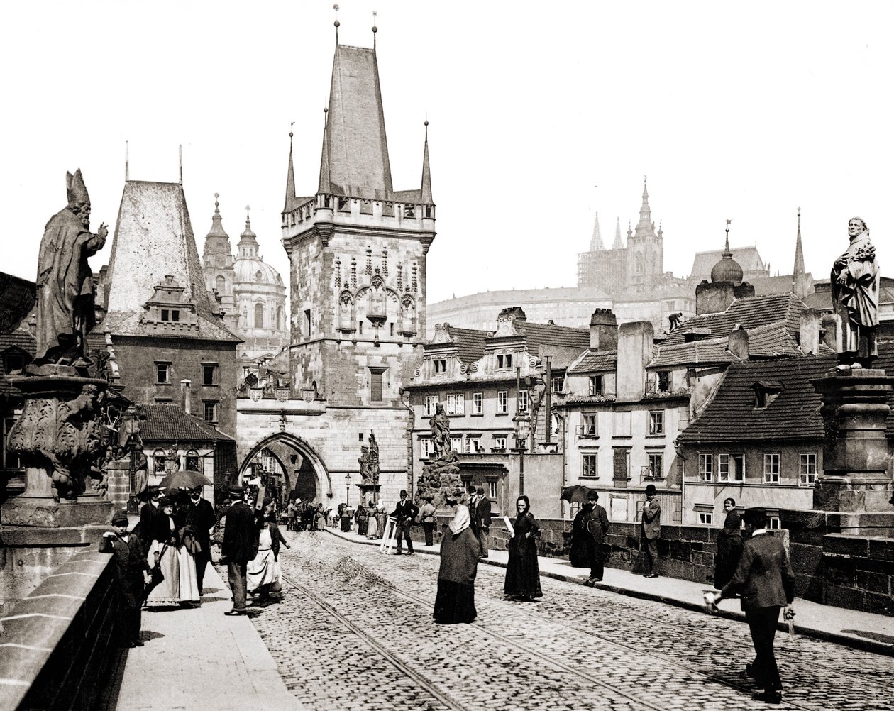 Prague, Charles Bridge, and the old town tower (circa 1890) by Unknown photographer