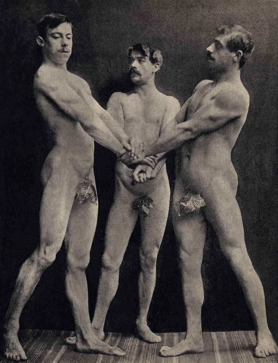 The Oath of the Horaces, pose three naked men taking oath. Photography, late 19th century, Paris. Coll. Selva by Unknown photographer