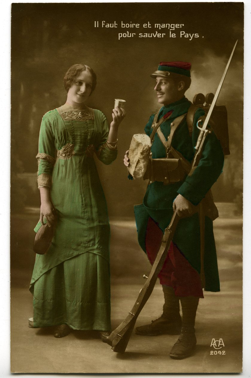 War 1914 - 1918 (14-18): Period Postcard Showing a French Soldier in Blue-Horizon Uniform (Blue Horizon) Taking the Bread and Wine Brought to Him by a Young Woman: Drink and Eat to Save the Country by Unknown photographer
