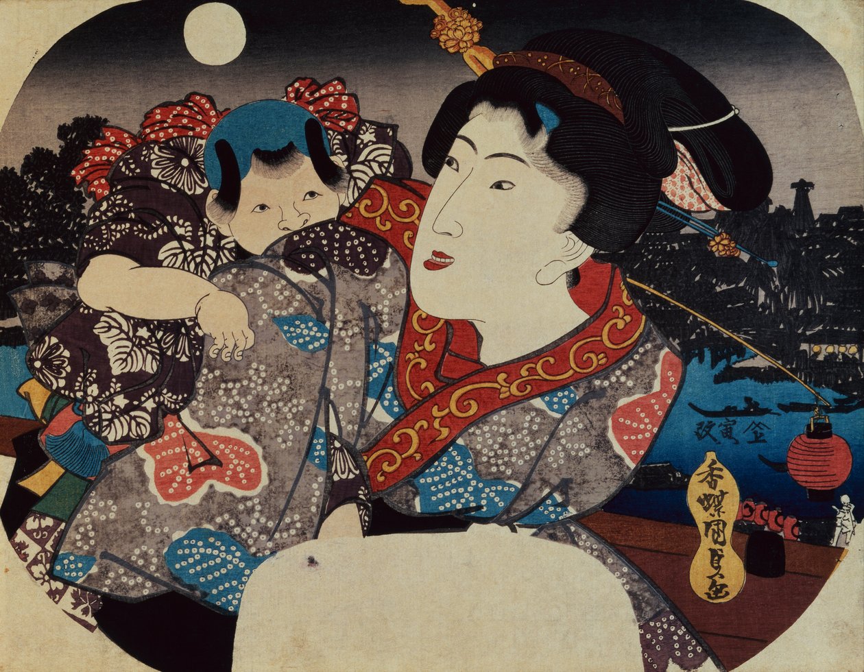 A Woman Carrying a Child on Her Back by Utagawa Kunisada