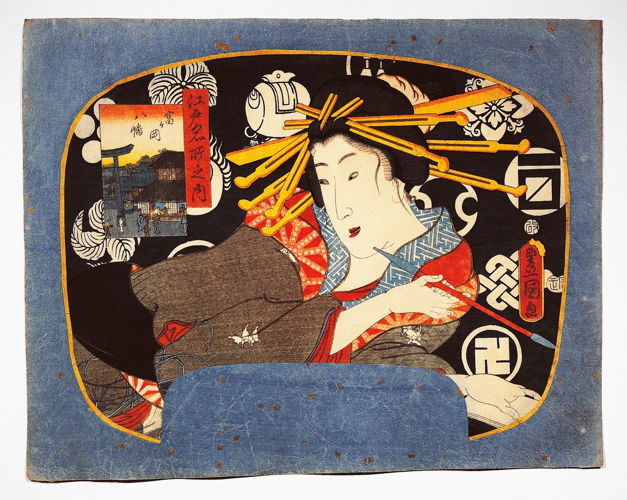 Courtesan with long pipe, Hachiman temple in inset on left by Utagawa Kunisada